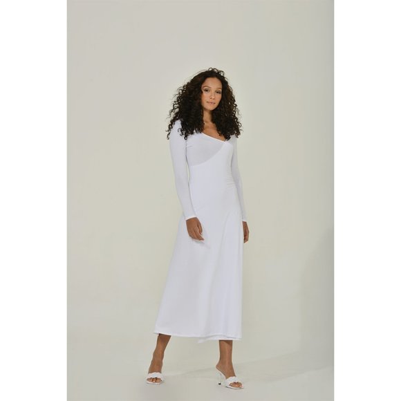 Maxi Dress with High Slit | White | Long Sleeve - Picture 3 of 6